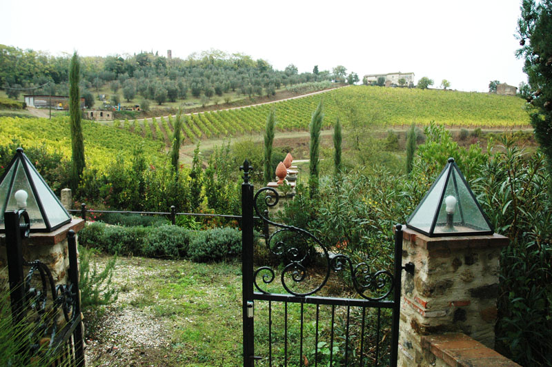 The Tuscan countryside, as seen from the entrance gate to La Fonte del Machiavelli B&B.