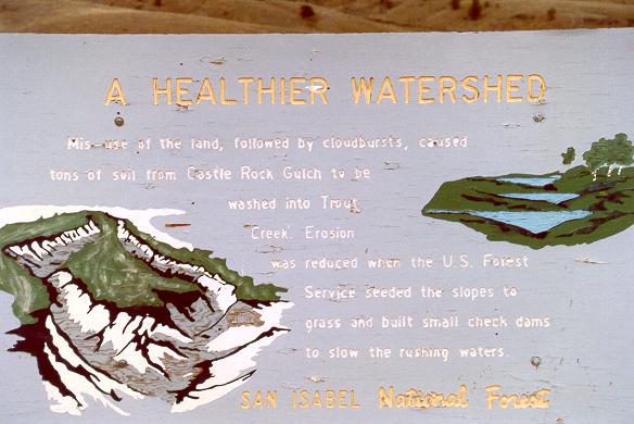 Sign at Trout Creek, Western Colorado, showing effects of watershed improvements.  