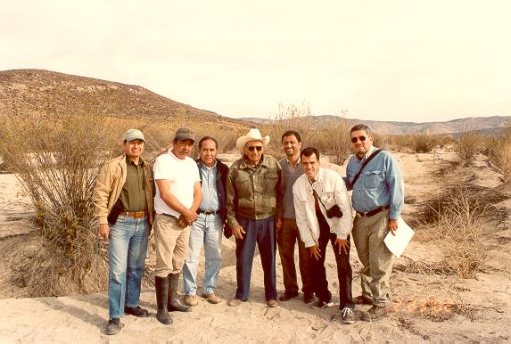 Walter Ziga, farmer Ubaldo, Ral Venegas, officer Epifanio Gabarain, A. V. Shetty, Sergio Barocio, and Miguel Ponce, on the flood plain of El Barbon Wash